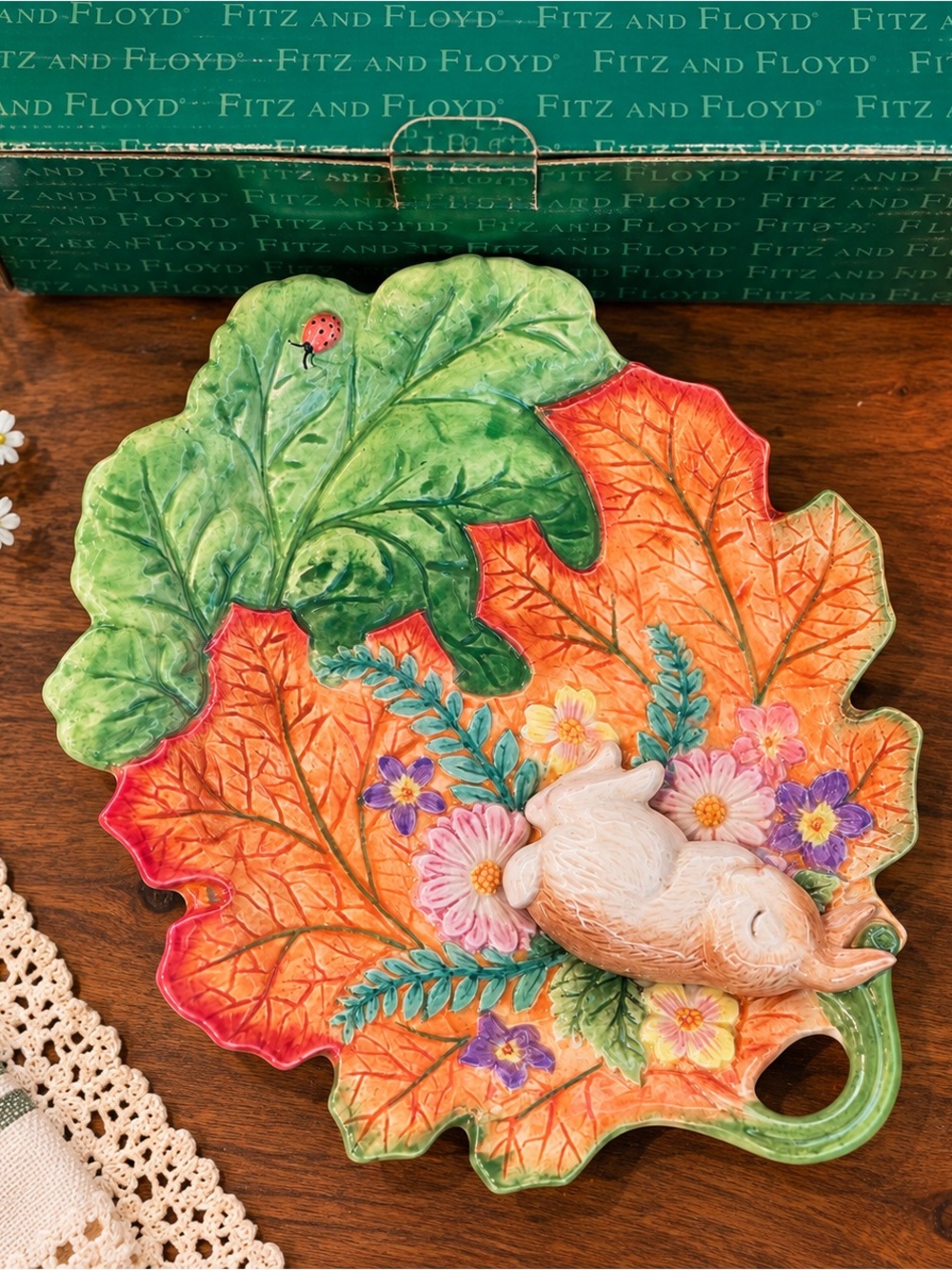 Vintage 1990s Fitz & Floyd Woodland Spring Bunny Leaf Candy Dish 73/186 w/ Box